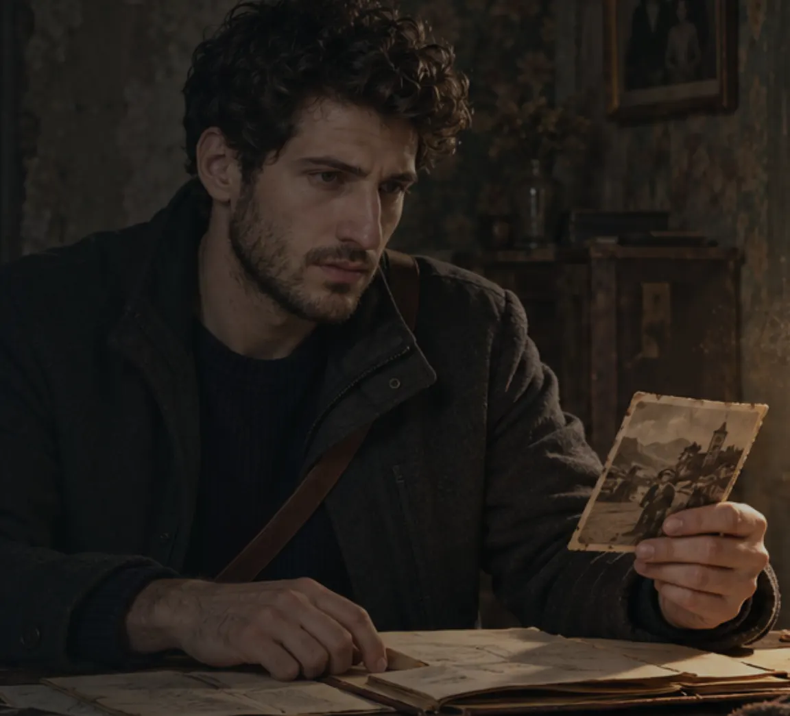 Concept art: Adam at his father's desk, holding an old photograph