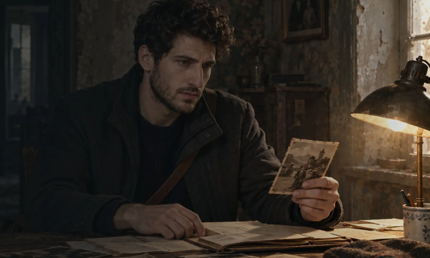 Concept art: Adam at his father's desk under a lamp, holding an old photograph