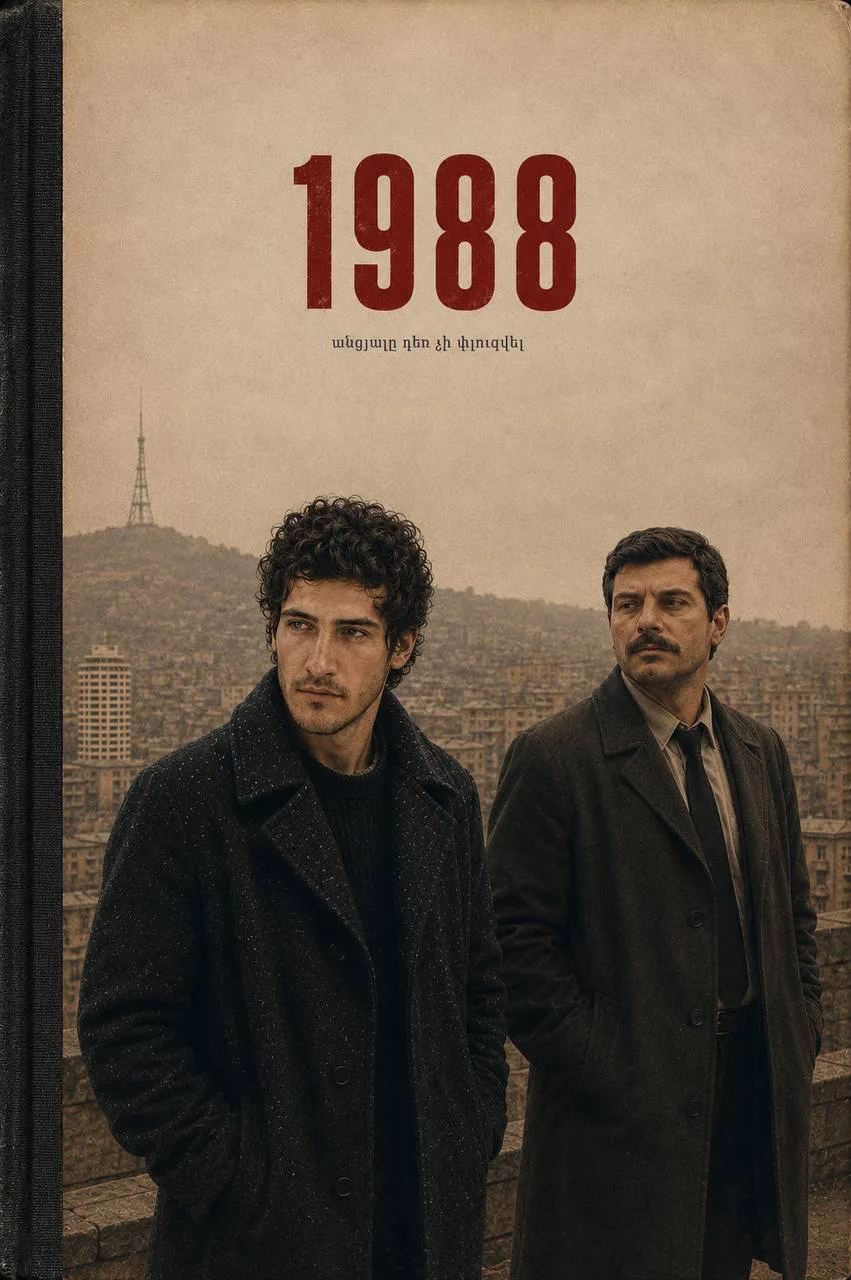 Key art poster: 1988, two men in winter coats above Yerevan